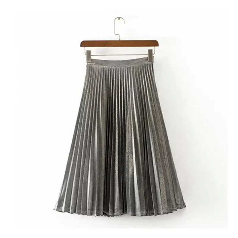 Stylish Metallic Color Line Midi Long Pleated Skirt Woman High Waist Gradient A Line Skater Swing Skirts 3 Colors 65Cm 1