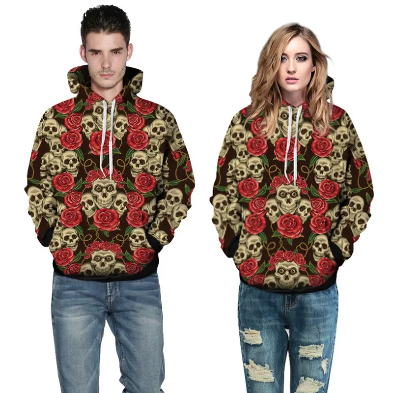 Stylish Punk Digital Print 3D Rose And Skull Head Pattern Hoodie 1