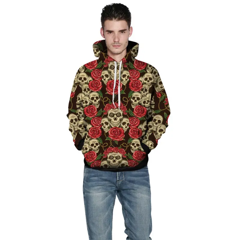 Stylish Punk Digital Print 3D Rose And Skull Head Pattern Hoodie 2