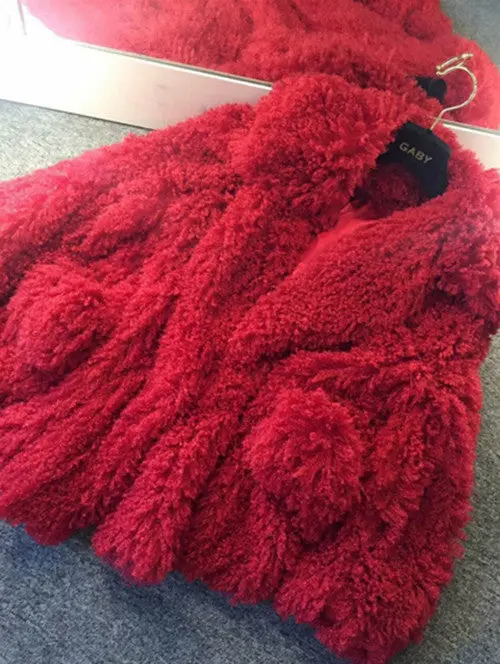 Stylish Red Curly Long Hairy Shaggy Faux Lamb Wool Fur Coat Women Lapel Faux Fur Jackets Loose Mid Long Outerwear 1