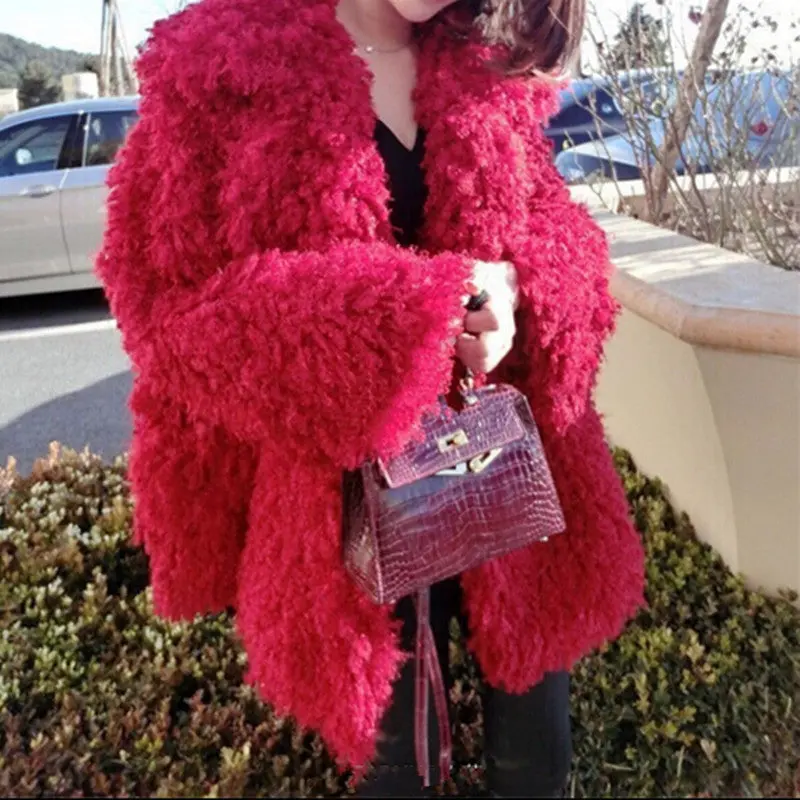 Stylish Red Curly Long Hairy Shaggy Faux Lamb Wool Fur Coat Women Lapel Faux Fur Jackets Loose Mid Long Outerwear 2