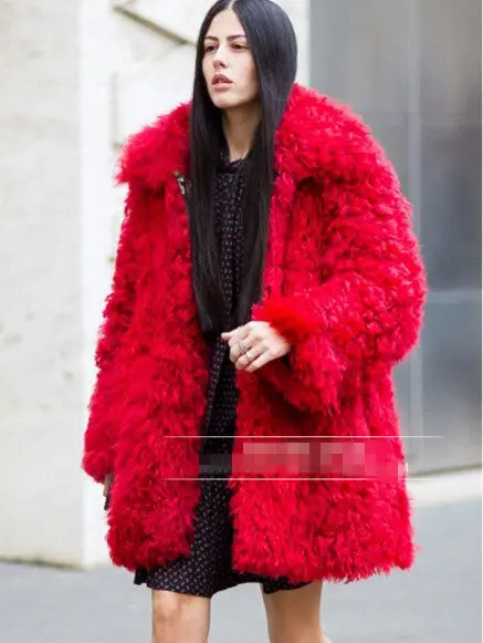Stylish Red Curly Long Hairy Shaggy Faux Lamb Wool Fur Coat Women Lapel Faux Fur Jackets Loose Mid Long Outerwear 3