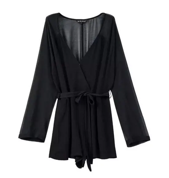 Stylish Sashes Long Sleeve Short Jumpsuit Women Deep Cross V-Neck Chiffon Rompers Playsuits 3 Colors 1