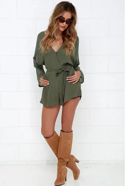 Stylish Sashes Long Sleeve Short Jumpsuit Women Deep Cross V-Neck Chiffon Rompers Playsuits 3 Colors 5