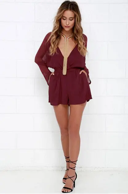 Stylish Sashes Long Sleeve Short Jumpsuit Women Deep Cross V-Neck Chiffon Rompers Playsuits 3 Colors 6