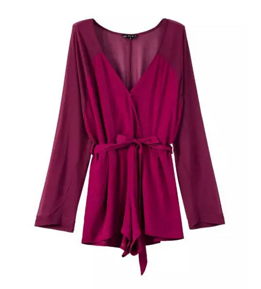 Stylish Sashes Long Sleeve Short Jumpsuit Women Deep Cross V-Neck Chiffon Rompers Playsuits 3 Colors 7