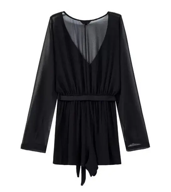 Stylish Sashes Long Sleeve Short Jumpsuit Women Deep Cross V-Neck Chiffon Rompers Playsuits 3 Colors 7