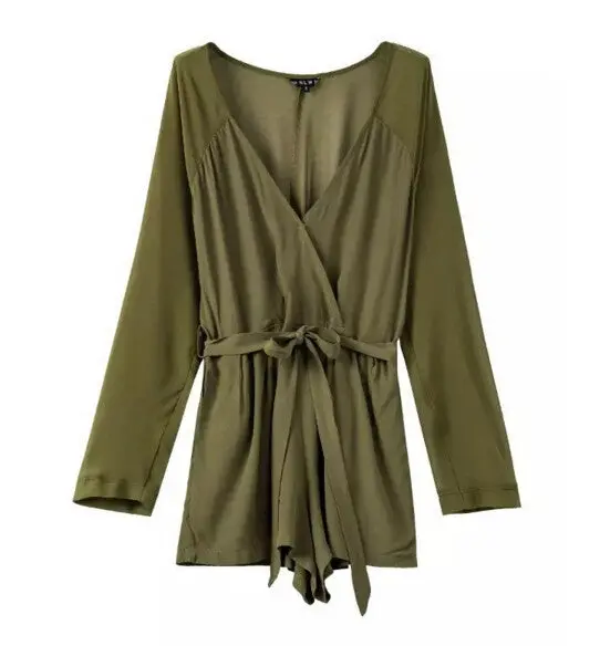 Stylish Sashes Long Sleeve Short Jumpsuit Women Deep Cross V-Neck Chiffon Rompers Playsuits 3 Colors 9