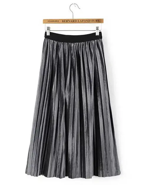 Stylish Spliced Elastic Waist Velour Midi Long Pleated Skirt Woman High Waist A Line Skater Swing Skirts  76Cm 1