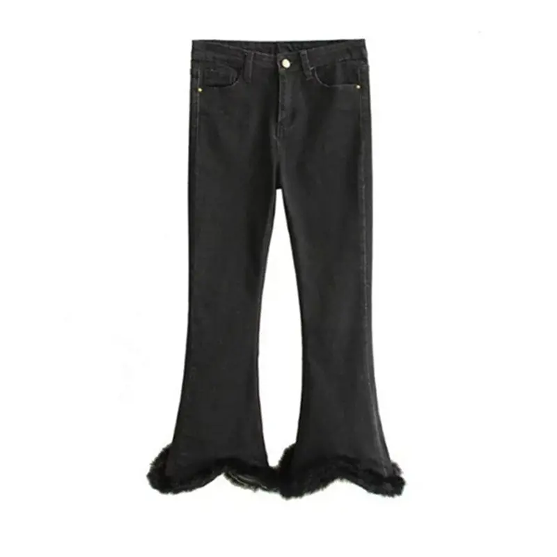 Stylish Spliced Faux Fur Flare Denim Skinny Jeans Woman Zip Pocket Button Cozy Tight Slim Fit Trousers Black 1