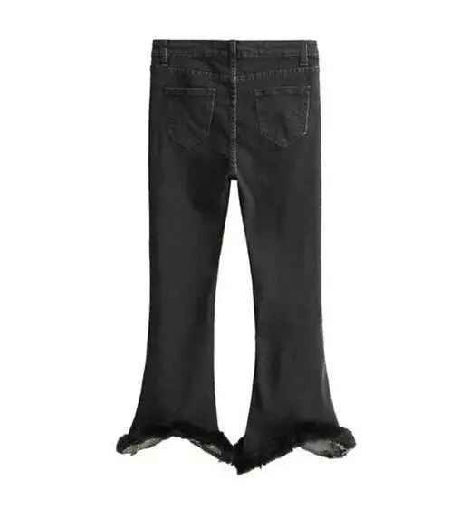 Stylish Spliced Faux Fur Flare Denim Skinny Jeans Woman Zip Pocket Button Cozy Tight Slim Fit Trousers Black 3