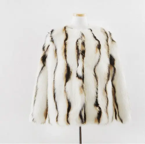 Stylish Wave Striped Long Hairy Shaggy Faux Fox Fur Coat Women O Neck Contrast Color Faux Fur Jackets Short Outerwear 1
