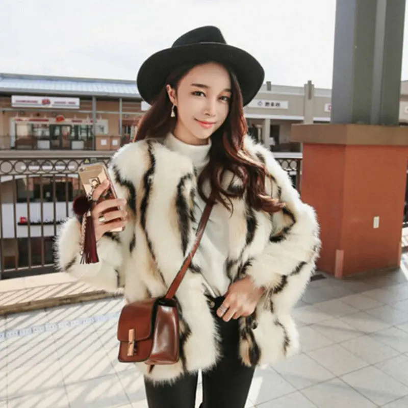 Stylish Wave Striped Long Hairy Shaggy Faux Fox Fur Coat Women O Neck Contrast Color Faux Fur Jackets Short Outerwear 2