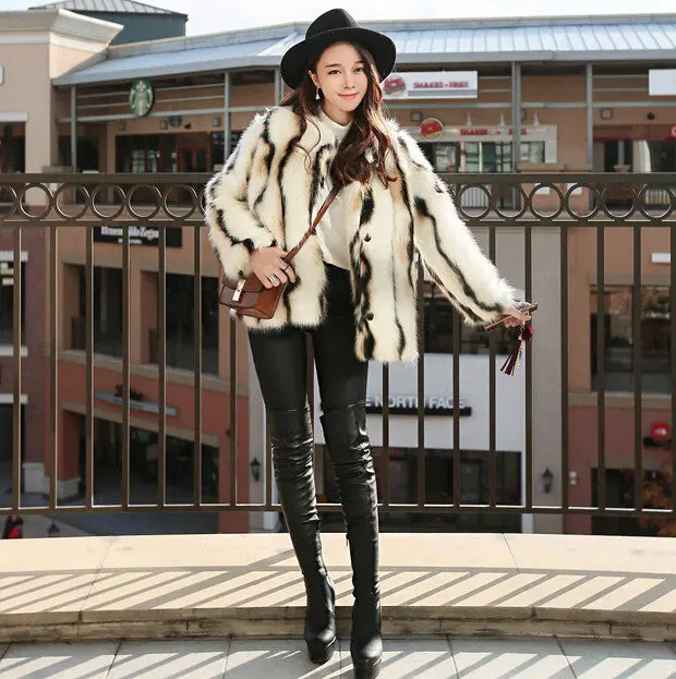 Stylish Wave Striped Long Hairy Shaggy Faux Fox Fur Coat Women O Neck Contrast Color Faux Fur Jackets Short Outerwear 3