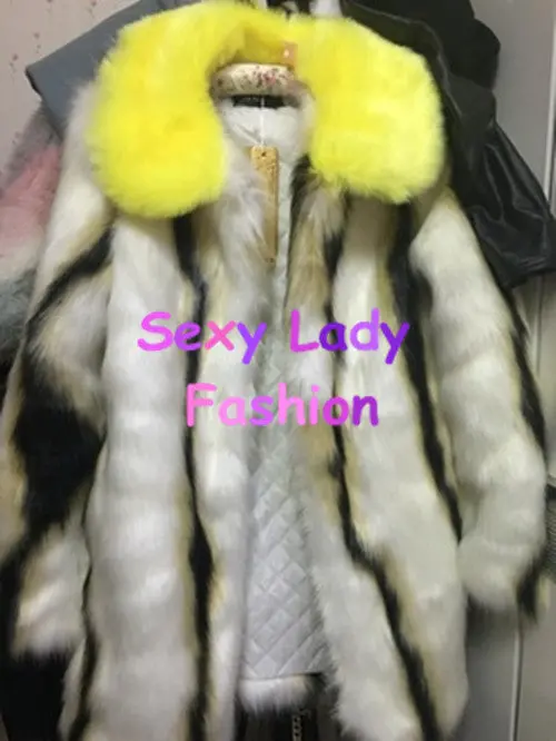 Stylish Wave Striped Long Hairy Shaggy Faux Fox Fur Coat Women Yellow Lapel Contrast Color Faux Fur Jackets Short Outerwear 1