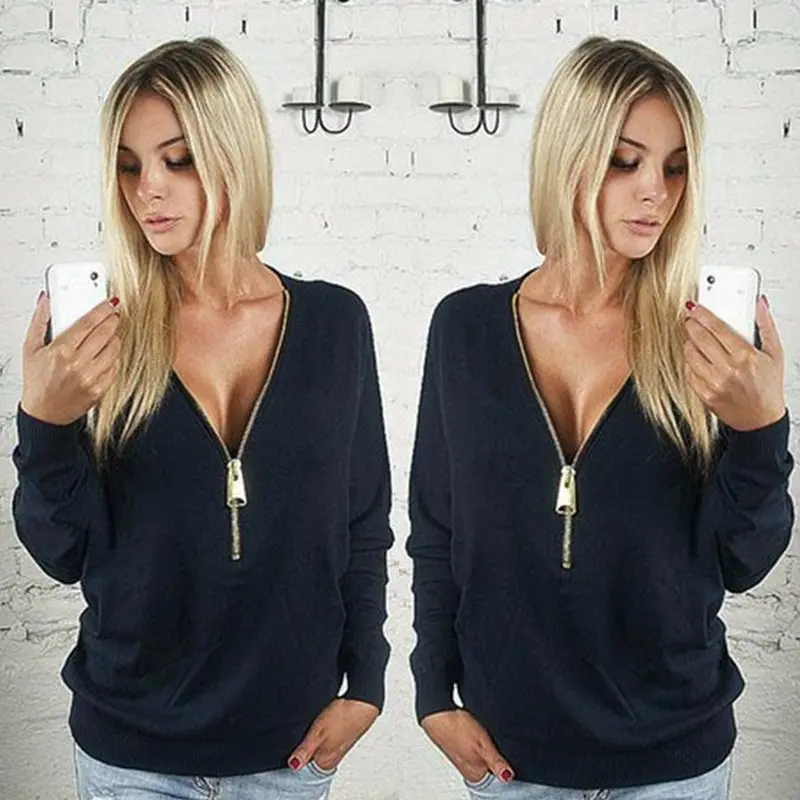 Sudaderas Mujer Womens Hoodies Sweatshirt Sexy Deep V Zipper Bodycon Tee Loose Long Sleeve Tops Pullover Blouse Pink 8