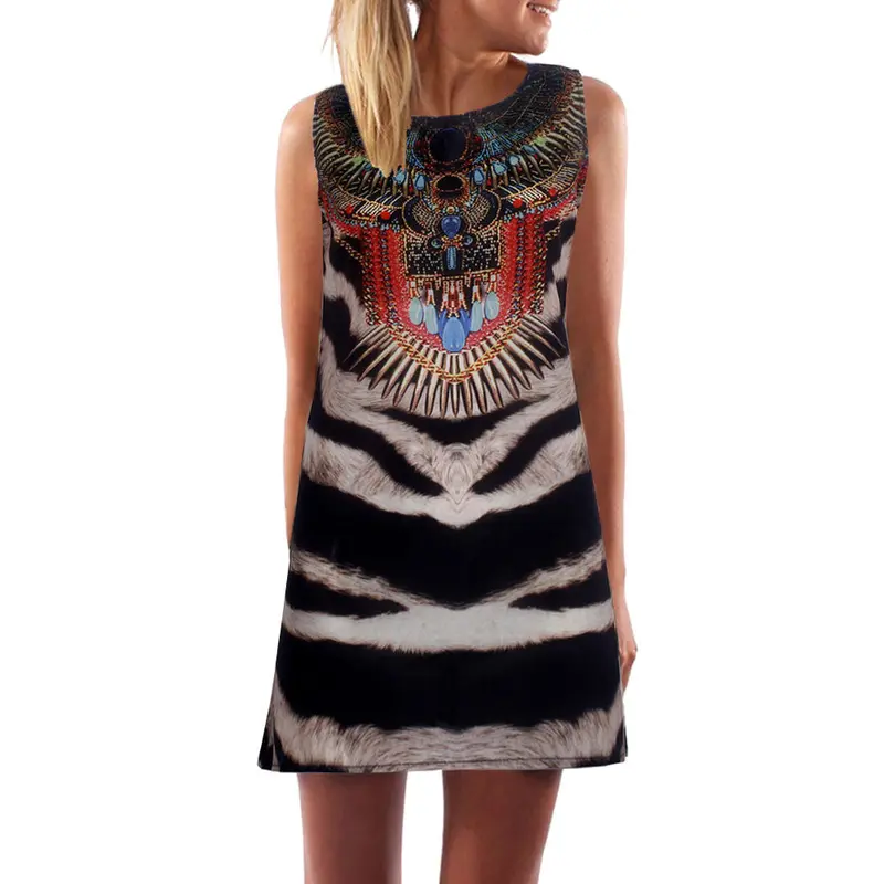 Sundress Tiger Pattern Printed Sleeveless Short Women Dress Robe Feida 1