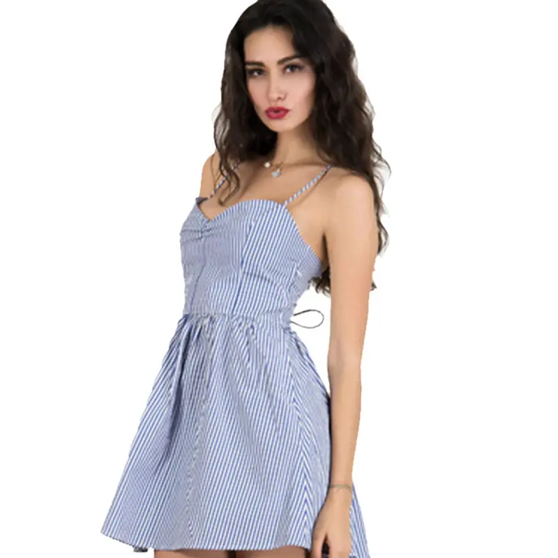 Sundress Women Dress Plus Size Robe Vestidos Sexy Bandage Sleeveless Stripe Short Dress Feida 1