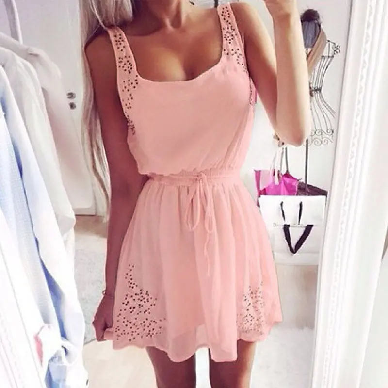 Super Deal Women Dresses Casual Party Dress Sleeveless Short Mini Dress Pink 1