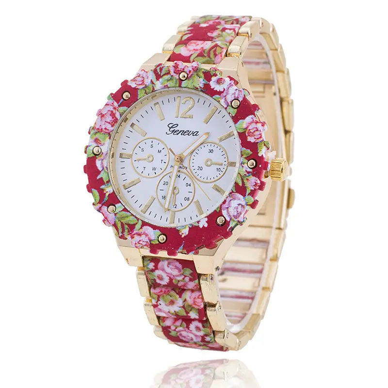 Super Deal Women Watches Geneva Flower Print Style Quartz Wrist Watch Lady Dress Relogio Casual Alloy Reloj 1