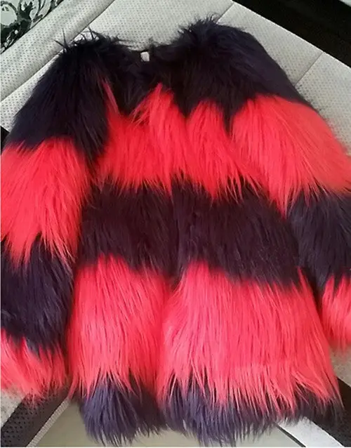 Super Quality Contrast Color Striped Hairy Shaggy Faux Sheep Goat Fur Women's O Neck Faux Fur Jackets Long Coat Outerwear 1