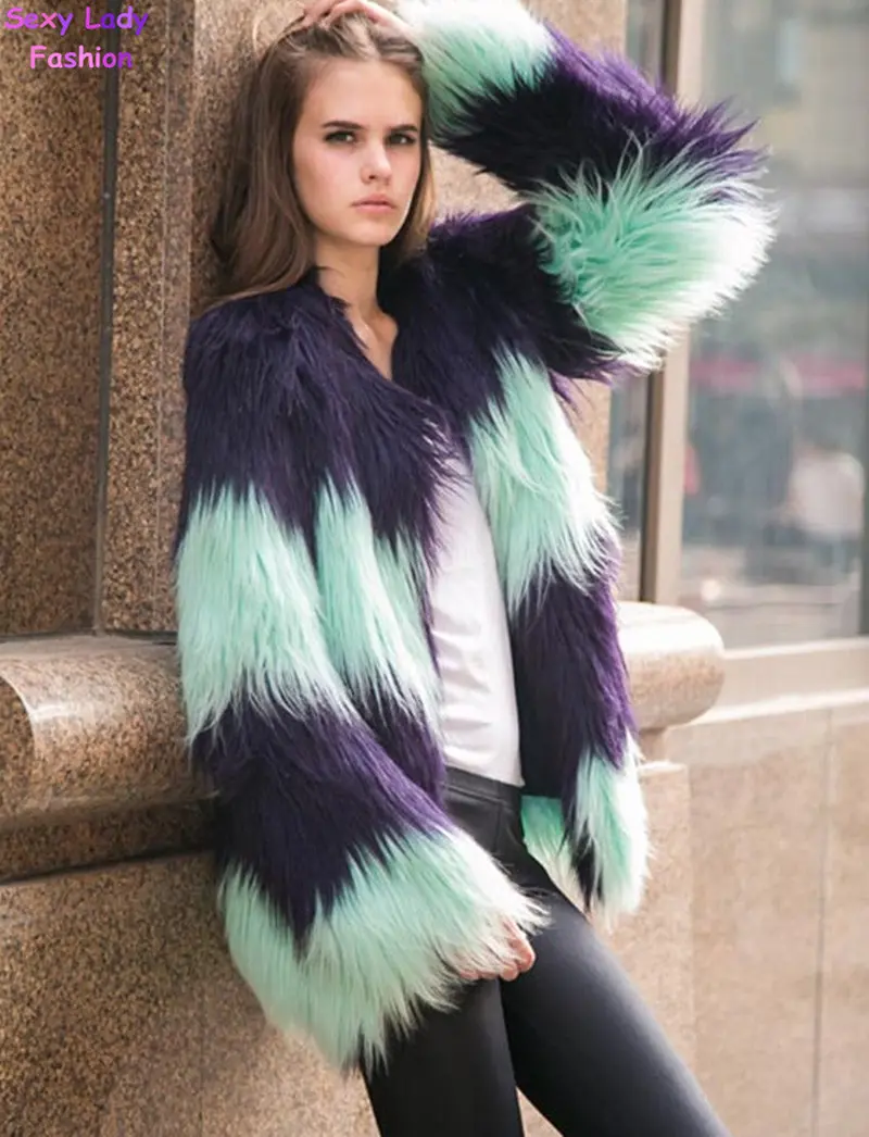 Super Quality Contrast Color Striped Hairy Shaggy Faux Sheep Goat Fur Women's O Neck Faux Fur Jackets Long Coat Outerwear 3