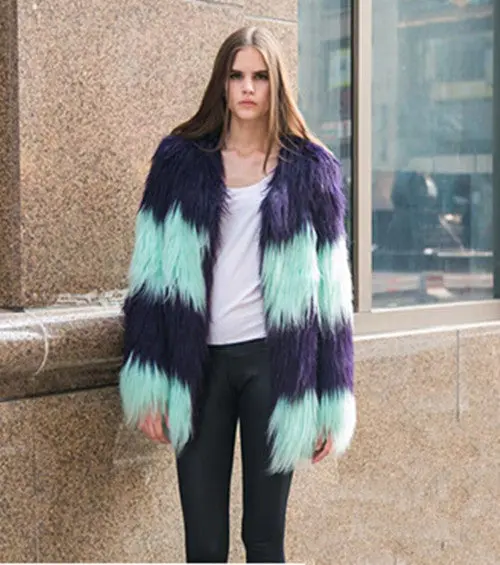 Super Quality Contrast Color Striped Hairy Shaggy Faux Sheep Goat Fur Women's O Neck Faux Fur Jackets Long Coat Outerwear 5