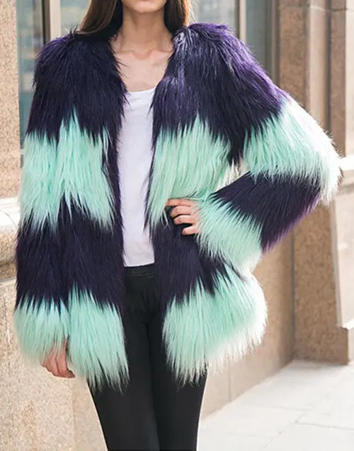 Super Quality Contrast Color Striped Hairy Shaggy Faux Sheep Goat Fur Women's O Neck Faux Fur Jackets Long Coat Outerwear 6