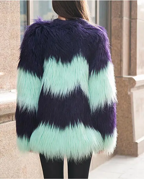 Super Quality Contrast Color Striped Hairy Shaggy Faux Sheep Goat Fur Women's O Neck Faux Fur Jackets Long Coat Outerwear 7