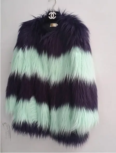 Super Quality Contrast Color Striped Hairy Shaggy Faux Sheep Goat Fur Women's O Neck Faux Fur Jackets Long Coat Outerwear 8