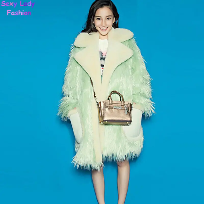Super Quality ~ Faux Fur Large Lapel Jacket Coat Long Hairy Long Sleeve Fur Shaggy Coat Outwear Green 1