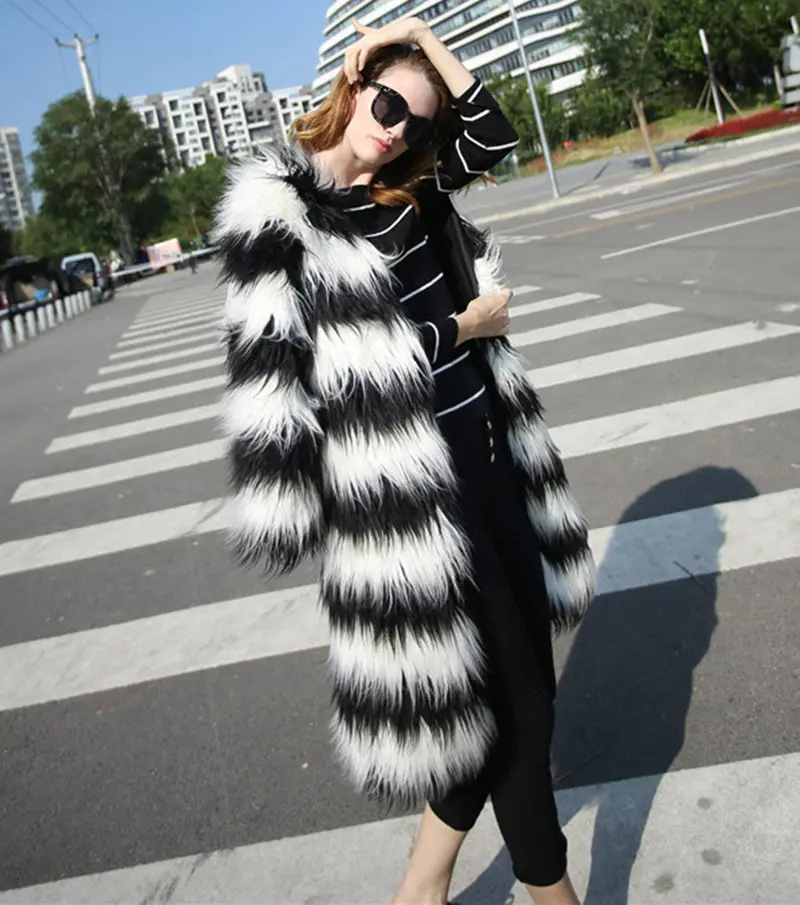 Super Quality ~ Hairy Shaggy Faux Fox Fur Contrast Gradual Color Striped Long Jackets Women's O Neck Warm Coat Outerwear 1