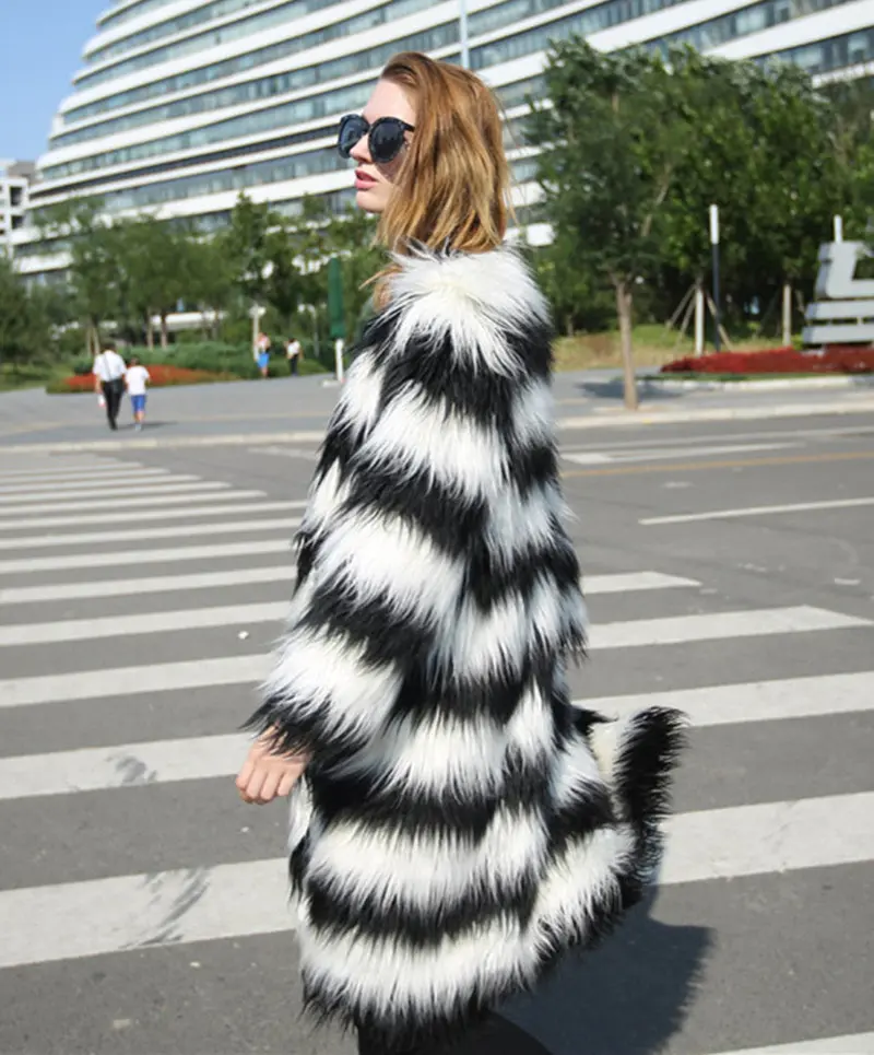 Super Quality ~ Hairy Shaggy Faux Fox Fur Contrast Gradual Color Striped Long Jackets Women's O Neck Warm Coat Outerwear 4