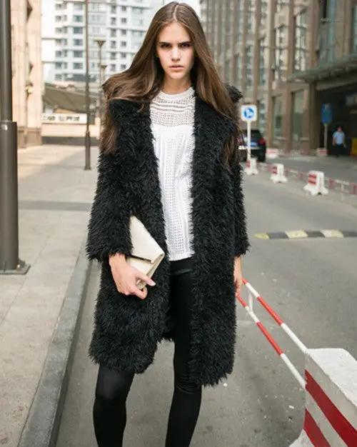 Super Quality Hairy Shaggy Faux Lamb Wool Fur Cardigan Long Trench Women's Lapel Notched Coat Outerwear Tops 1