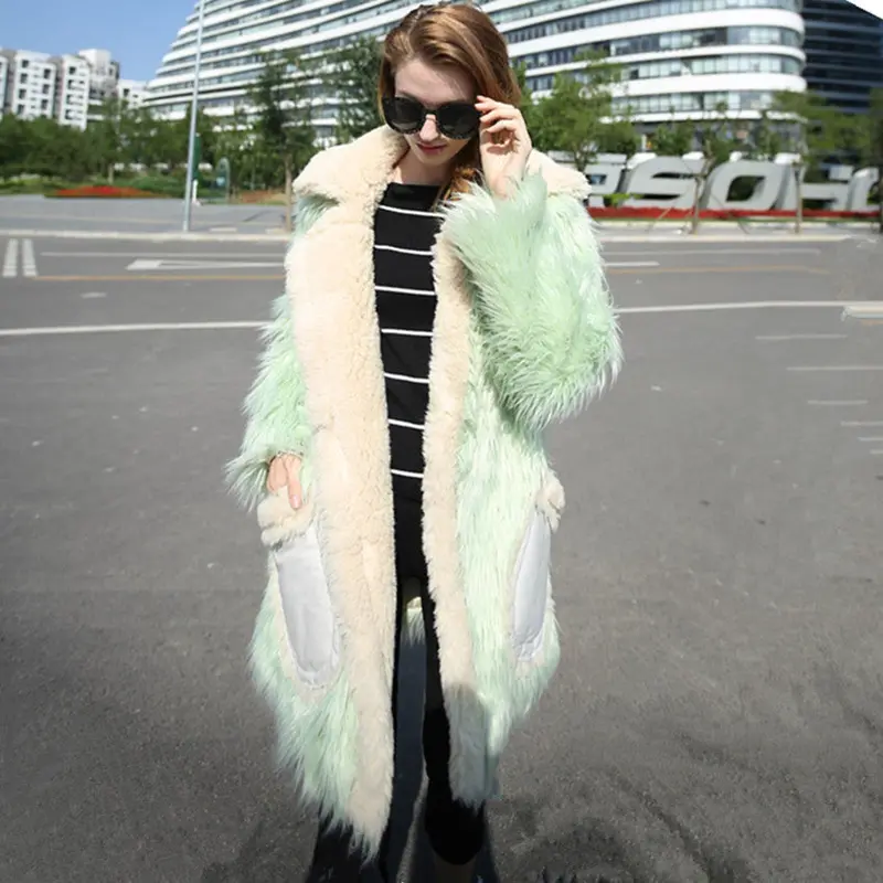 Super Quality ~ Mint Green Contrast Beig Large Lapel Long Hairy Faux Fur Warm Jacket Coat Long Sleeve Fur Shaggy Coat Outwear 2