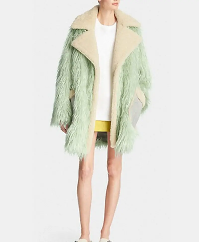 Super Quality ~ Mint Green Contrast Beig Large Lapel Long Hairy Faux Fur Warm Jacket Coat Long Sleeve Fur Shaggy Coat Outwear 3