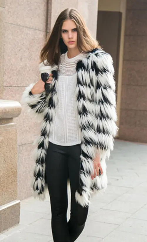 Super Quality Women Hairy Shaggy Faux Fox Fur O Neck Contrast Gradual Color Striped Jackets Long Coat Outerwear 2