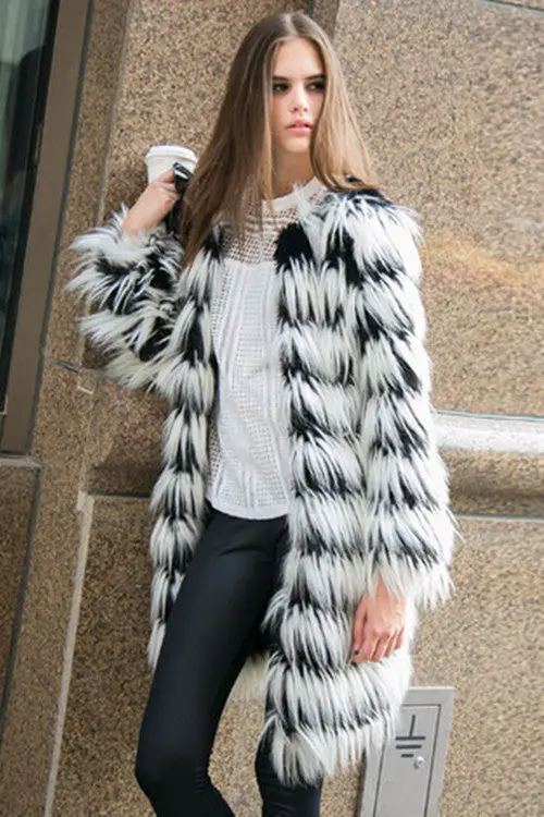Super Quality Women Hairy Shaggy Faux Fox Fur O Neck Contrast Gradual Color Striped Jackets Long Coat Outerwear 3