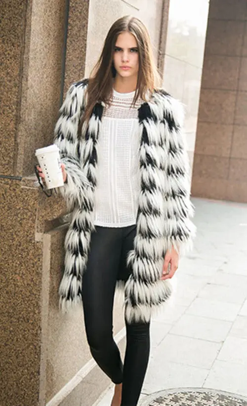 Super Quality Women Hairy Shaggy Faux Fox Fur O Neck Contrast Gradual Color Striped Jackets Long Coat Outerwear 4