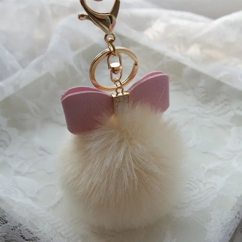 Super Round Metal Key Chains Fluffy Rabbit Fur Ball Keychains Women Plush Pom Poms Bag Car Pendant Black Key Chain Ring Feida 1