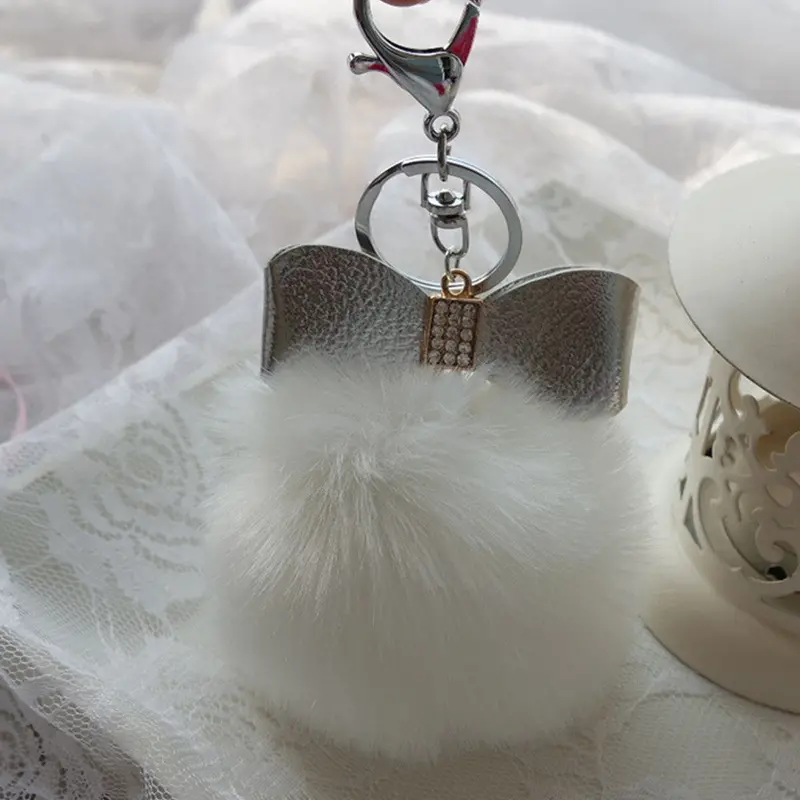 Super Round Metal Key Chains Fluffy Rabbit Fur Ball Keychains Women Plush Pom Poms Bag Car Pendant Black Key Chain Ring Feida 10