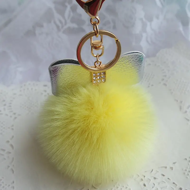 Super Round Metal Key Chains Fluffy Rabbit Fur Ball Keychains Women Plush Pom Poms Bag Car Pendant Black Key Chain Ring Feida 11