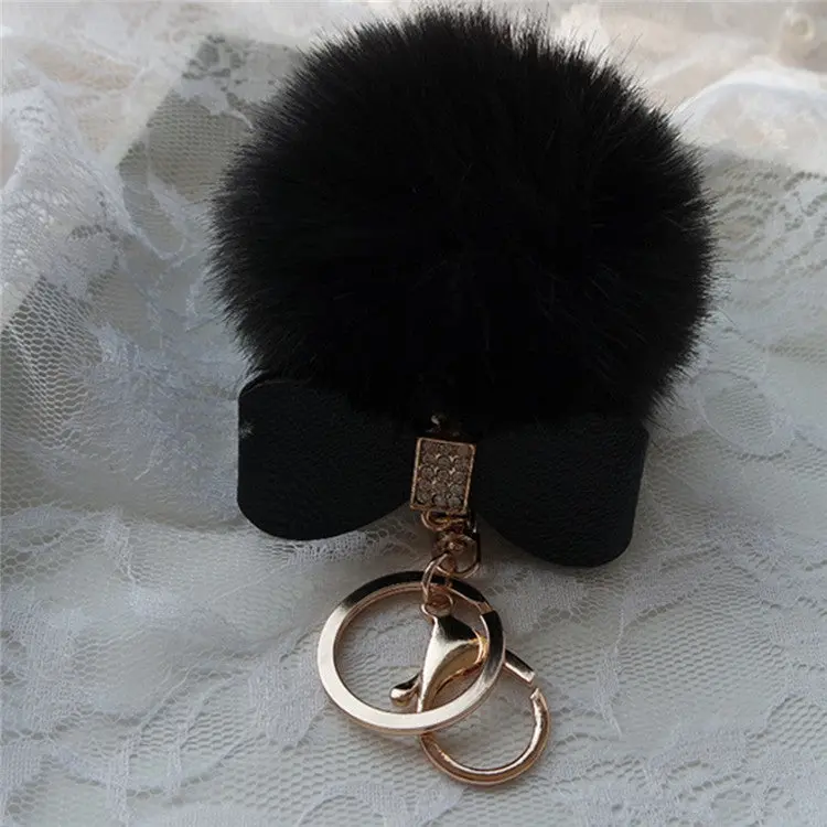 Super Round Metal Key Chains Fluffy Rabbit Fur Ball Keychains Women Plush Pom Poms Bag Car Pendant Black Key Chain Ring Feida 2