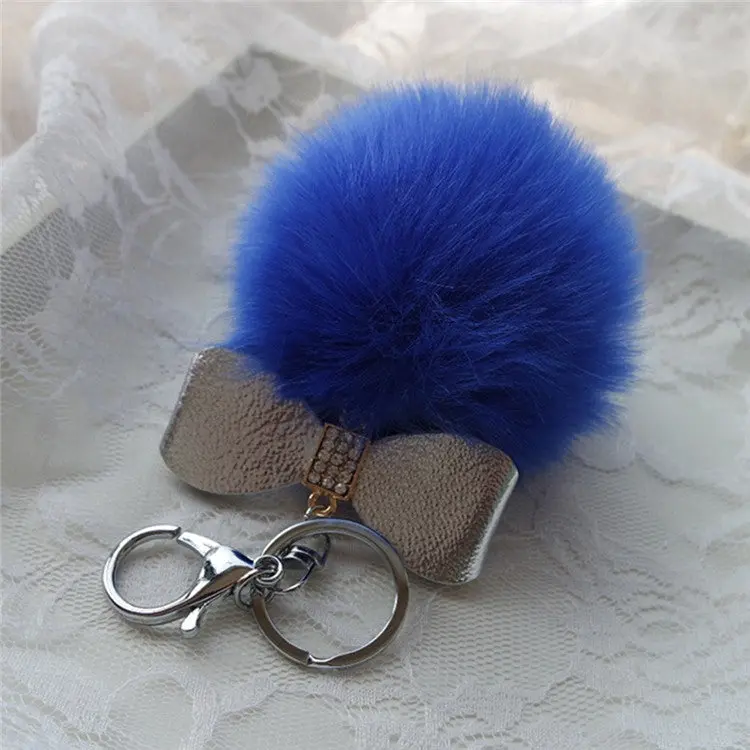 Super Round Metal Key Chains Fluffy Rabbit Fur Ball Keychains Women Plush Pom Poms Bag Car Pendant Black Key Chain Ring Feida 3