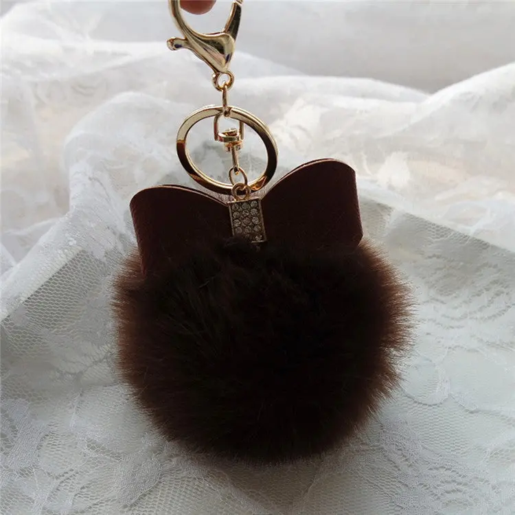Super Round Metal Key Chains Fluffy Rabbit Fur Ball Keychains Women Plush Pom Poms Bag Car Pendant Black Key Chain Ring Feida 4