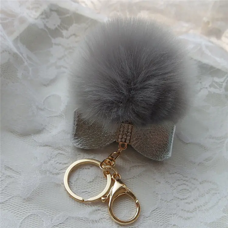 Super Round Metal Key Chains Fluffy Rabbit Fur Ball Keychains Women Plush Pom Poms Bag Car Pendant Black Key Chain Ring Feida 6