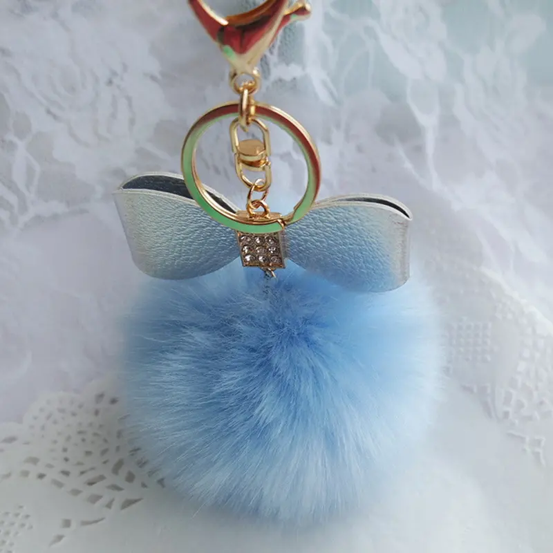 Super Round Metal Key Chains Fluffy Rabbit Fur Ball Keychains Women Plush Pom Poms Bag Car Pendant Black Key Chain Ring Feida 7