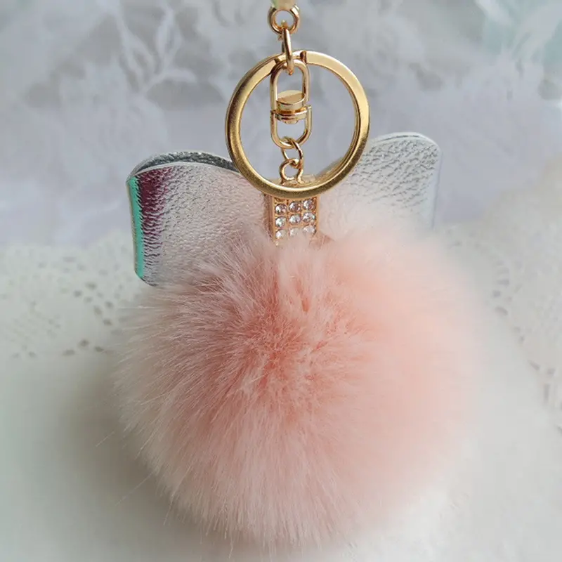Super Round Metal Key Chains Fluffy Rabbit Fur Ball Keychains Women Plush Pom Poms Bag Car Pendant Black Key Chain Ring Feida 8