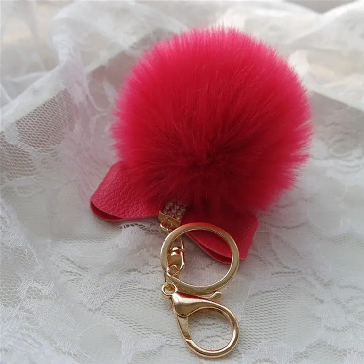 Super Round Metal Key Chains Fluffy Rabbit Fur Ball Keychains Women Plush Pom Poms Bag Car Pendant Black Key Chain Ring Feida 9