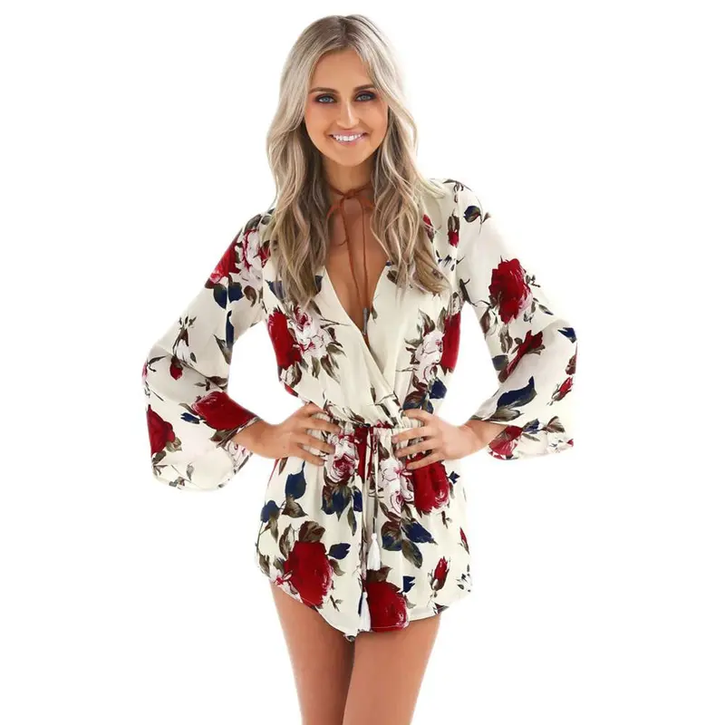 Super Slim Women Sexy Floral Print Jumpsuit V-Neck Playsuit Shorts Fahion Rompers Womens Jumpsuit Combinaison Femme 1